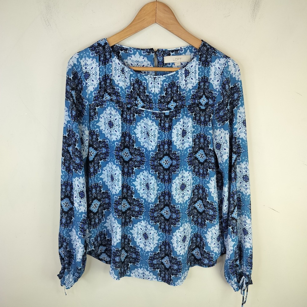 LOFT Floral Medallion Print Blouse Womens XS Ruffle Tie Cuff Long Sleeve Boho
